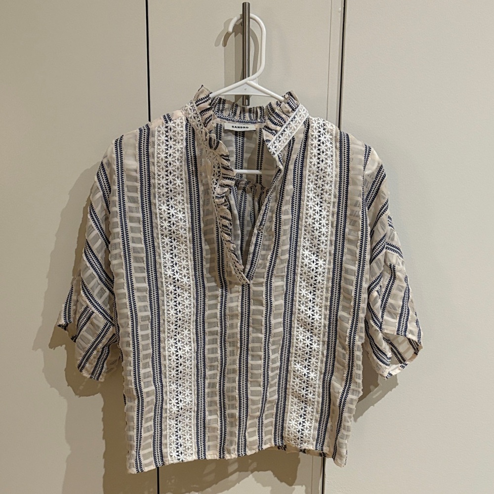Sandro Navy and Cream Patterned Blouse